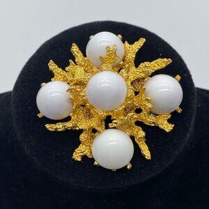 Vintage Pauline Rader Sea Coral Brooch White Cabochon Gold Tone Pin 2"x2"